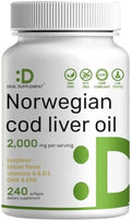 Aceite de Hígado de Bacalao Salvaje 2,000mg por Porción, 240 Cápsulas Blandas – EPA DHA Omega 3 Extra Fuerte con Vitaminas D y A – Sin Eructos, Sabor - imagen 1