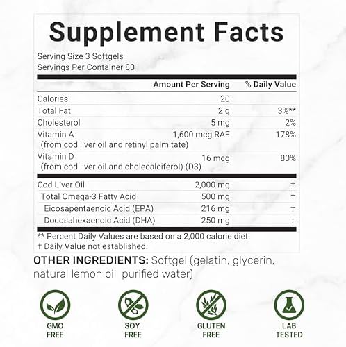 Aceite de Hígado de Bacalao Salvaje 2,000mg por Porción, 240 Cápsulas Blandas – EPA DHA Omega 3 Extra Fuerte con Vitaminas D y A – Sin Eructos, Sabor - imagen 2
