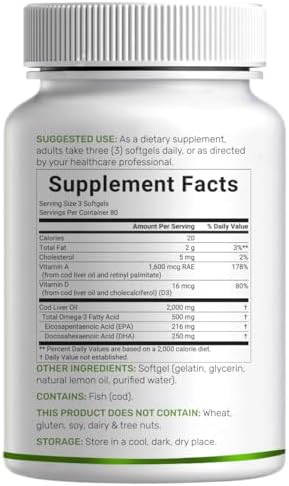 Aceite de Hígado de Bacalao Salvaje 2,000mg por Porción, 240 Cápsulas Blandas – EPA DHA Omega 3 Extra Fuerte con Vitaminas D y A – Sin Eructos, Sabor - imagen 6