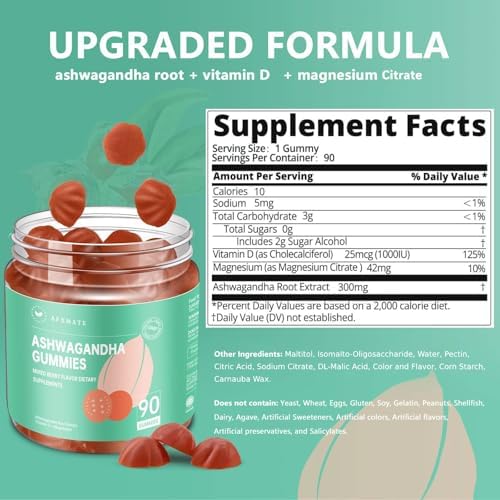 Gomitas de Ashwagandha AFXMATE para Mujeres Sin Azúcar, Suplemento Gummy para Hombres con Magnesio y Vitamina D 1000UI Veganas (90 Unidades) - imagen 3