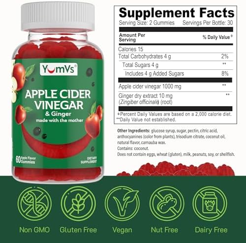 Gomitas de Vinagre de Manzana YUM-V'S – Con Jengibre y La Madre – Apoya el Metabolismo y Bienestar Diario – Sabor Natural a Manzana, Veganas, No OGM, - imagen 4