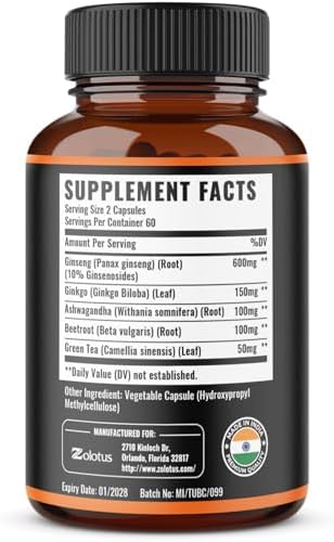 Zolotus Ginseng Rojo Coreano + Ginkgo Biloba, Ashwagandha, Betabel, Té Verde - 120 Cápsulas, Suministro para 2 Meses - imagen 2