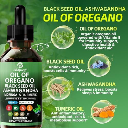 Aceite de Orégano con Aceite de Semilla Negra | 8 en 1 Gotas Orgánicas de Orégano con Ashwagandha, Moringa y Cúrcuma | Suplementos Herbales Naturales - imagen 2