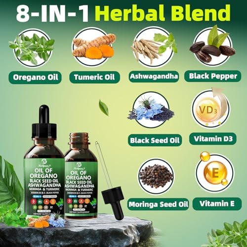 Aceite de Orégano con Aceite de Semilla Negra | 8 en 1 Gotas Orgánicas de Orégano con Ashwagandha, Moringa y Cúrcuma | Suplementos Herbales Naturales - imagen 3