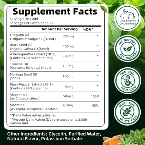 Aceite de Orégano con Aceite de Semilla Negra | 8 en 1 Gotas Orgánicas de Orégano con Ashwagandha, Moringa y Cúrcuma | Suplementos Herbales Naturales - imagen 8