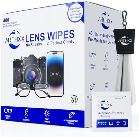 ARCHXX Toallitas de Limpieza para Lentes 400 Piezas, Incluye 1 Estuche Clip-On y Paños de Microfibra, Limpieza Prehumedecida para Gafas, Lentes de - imagen 1