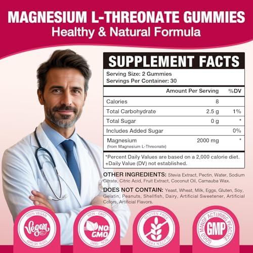 Gomitas de Magnesio L-Treonato - 2000mg para el Cerebro, Músculos y Sistema Nervioso. Sabor Frambuesa sin Azúcar, 60 Unidades para Niños y Adultos - imagen 2