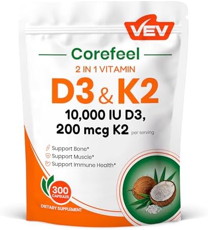 VEV Corefeel Vitamina D3 K2, 10,000 IU D3, 200 mcg K2 (con MK7), Apoya la Salud Ósea y Dental, 300 Cápsulas Fáciles de Tragar - imagen 1