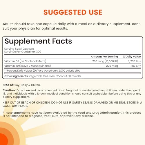 VEV Corefeel Vitamina D3 K2, 10,000 IU D3, 200 mcg K2 (con MK7), Apoya la Salud Ósea y Dental, 300 Cápsulas Fáciles de Tragar - imagen 2