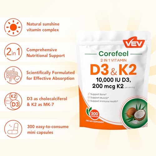 VEV Corefeel Vitamina D3 K2, 10,000 IU D3, 200 mcg K2 (con MK7), Apoya la Salud Ósea y Dental, 300 Cápsulas Fáciles de Tragar - imagen 3