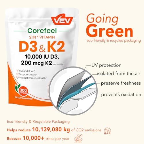 VEV Corefeel Vitamina D3 K2, 10,000 IU D3, 200 mcg K2 (con MK7), Apoya la Salud Ósea y Dental, 300 Cápsulas Fáciles de Tragar - imagen 5