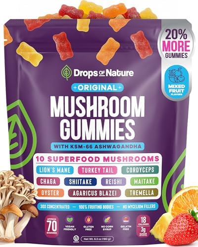 Gomitas de Champiñón Drops Of Nature 10 en 1 con KSM-66 Ashwagandha – Melena de León, Cola de Pavo, Cordyceps, Shiitake, Tremella, Ostra y Agaricus – - imagen 1