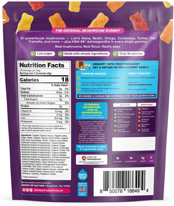 Gomitas de Champiñón Drops Of Nature 10 en 1 con KSM-66 Ashwagandha – Melena de León, Cola de Pavo, Cordyceps, Shiitake, Tremella, Ostra y Agaricus – - imagen 2