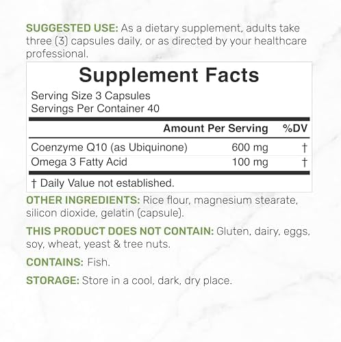 CoQ10 600mg, 120 Cápsulas – con Ácidos Grasos Omega 3 100mg – Máxima Potencia – Suplementos de Coenzima Q10 Bioactiva – Antioxidante para Corazón, - imagen 2