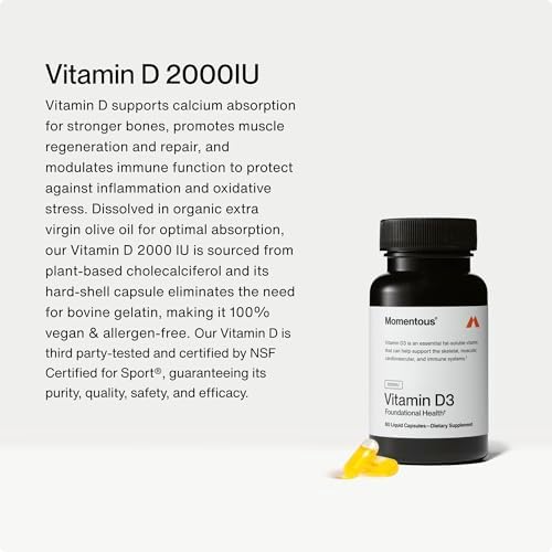 Suplemento de Vitamina D3 Momentous - Cápsulas de 2,000 IU para Salud Fundamental - Certificado NSF para Deporte - Sin Gluten - 60 Porciones - imagen 2