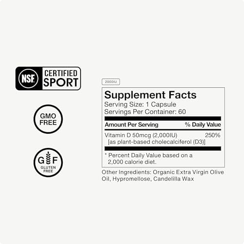Suplemento de Vitamina D3 Momentous - Cápsulas de 2,000 IU para Salud Fundamental - Certificado NSF para Deporte - Sin Gluten - 60 Porciones - imagen 5