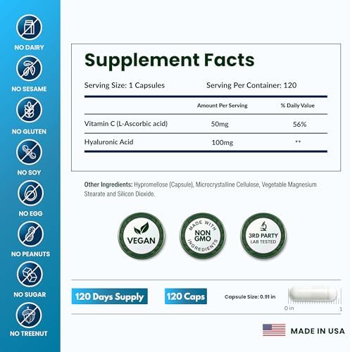 Suplementos de Ácido Hialurónico ForestLeaf | Cápsulas de 100mg de Ácido Hialurónico en Polvo + 50mg de Vitamina C | Hidratación de Piel, Lubricación - imagen 5