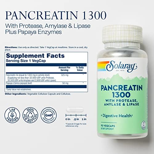SOLARAY Pancreatin 1300, Enzimas Digestivas Pancreáticas con Proteasa, Amilasa y Lipasa, Más Papaina - Soporte para la Digestión, Verificado en - imagen 2