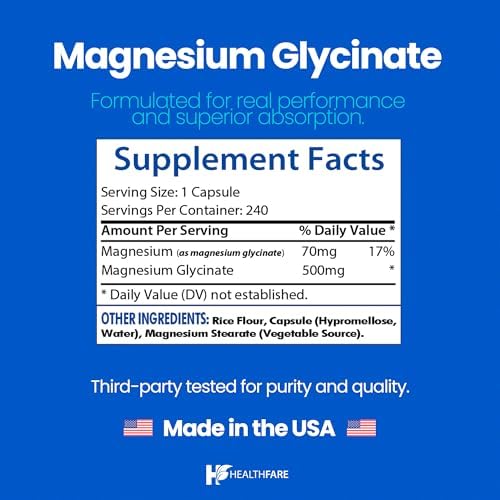 HealthFare Magnesio Glicinato 500mg | 240 Cápsulas Veganas | Magnesio Quelado de Alta Absorción | Sin Gluten | No OGM | Hecho en EE. UU. - imagen 3