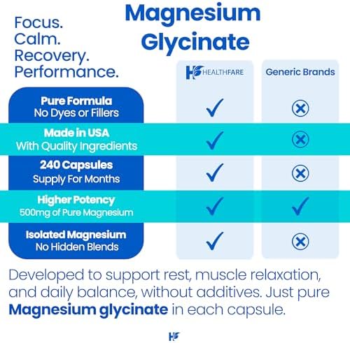 HealthFare Magnesio Glicinato 500mg | 240 Cápsulas Veganas | Magnesio Quelado de Alta Absorción | Sin Gluten | No OGM | Hecho en EE. UU. - imagen 6