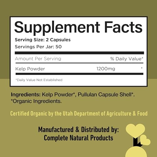 Cápsulas de Kelp Marino Orgánico de Complete Natural Products - 600mg, 100 Píldoras, Suplemento de Algas Crudas y Soporte para Tiroides - imagen 6