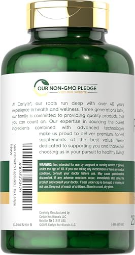 Carlyle Saw Palmetto para Hombres y Mujeres | 250 Cápsulas | Suplemento de Extracto de Hierbas | Serenoa Repens | Sin OGM y Libre de Gluten - imagen 3