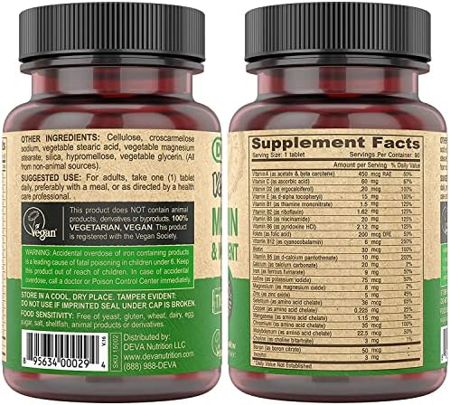 DEVA Tabletas Veganas Multivitamínicas para Mujeres y Hombres 2-Pack con Hierro, Vitamina C, E, Complejo B, Zinc, 90 Tabletas Cada Una - imagen 2