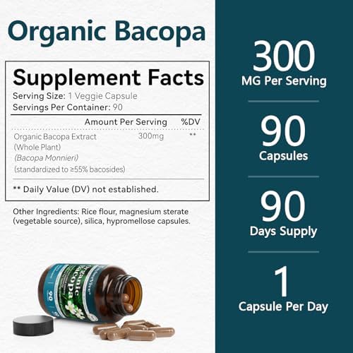 Suplemento de Bacopa Monnieri HyberVive 300MG, Extracto Orgánico, ≥ 55% Bacosidos de Alta Potencia, Suplemento para la Memoria y Enfoque, 90 - imagen 6