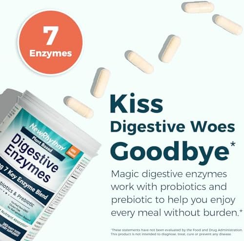 Nuevos Enzimas Digestivas NewRhythm 245 mg con Probióticos y Prebióticos, 7 Enzimas Clave, 60 Cápsulas Veganas - imagen 2