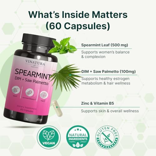 Suplemento de Cápsulas de Menta Verde VINATURA - Extracto de Hoja de Menta con DIM y Saw Palmetto, para el Vello No Deseado, Salud Femenina y Piel, - imagen 2