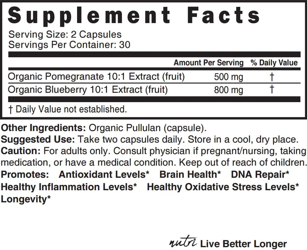 Suplemento Orgánico de Arándano y Granada Nutri Organic 1300mg - 800mg Extracto 10:1 & 500mg Extracto de Granada 10:1 - Orgánico Certificado USDA - - imagen 4