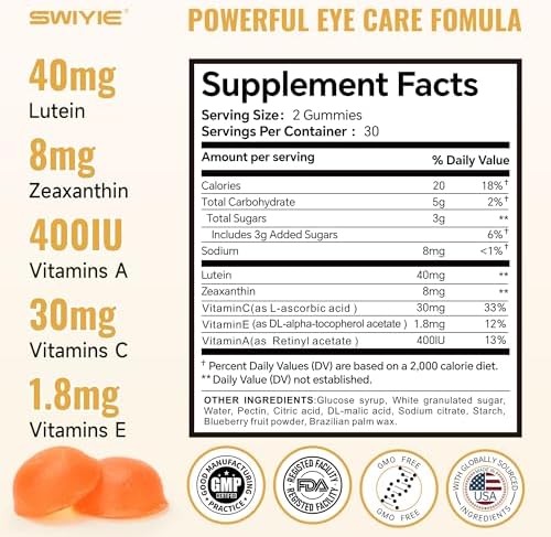 Gomitas Swiyie de Luteína – Suplemento vitamínico y mineral para los ojos con 20mg de Luteína y 4mg de Zeaxantina – 60 gomitas sabor natural para la - imagen 3