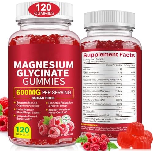 Gomitas de Magnesio Glicinato (Frambuesa) 600mg, Sin Azúcar, con Magnesio L-Treonato, Calcio, Potasio, Vitamina D3, B6 y CoQ10, 120 piezas - imagen 1