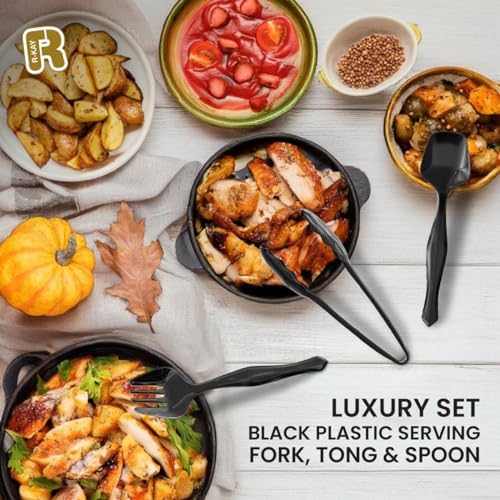 Set de Utensilios de Servicio de Plástico Negro de 18 Piezas - 6 Cucharas, 6 Pinzas y 6 Tenedores Desechables para Fiestas - imagen 4