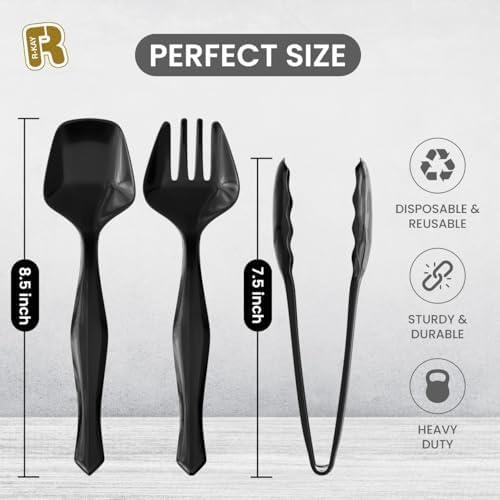 Set de Utensilios de Servicio de Plástico Negro de 18 Piezas - 6 Cucharas, 6 Pinzas y 6 Tenedores Desechables para Fiestas - imagen 5