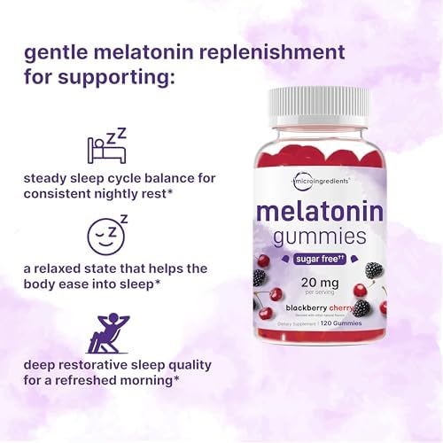 Gomitas de Melatonina Micro Ingredients 20mg para Adultos, 120 Piezas | Ayuda para Dormir, Sabor Sin Azúcar a Mora y Cereza | No Habituales, Sin OGM, - imagen 3