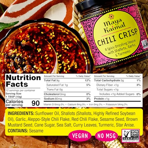 Chili Crisp Maya Kaimal, Picante Medio - Aceite estilo Tarka Indio con Ajo Frito, Chalotes y Copos de Chile - Condimento Panasiático para Fideos, - imagen 2