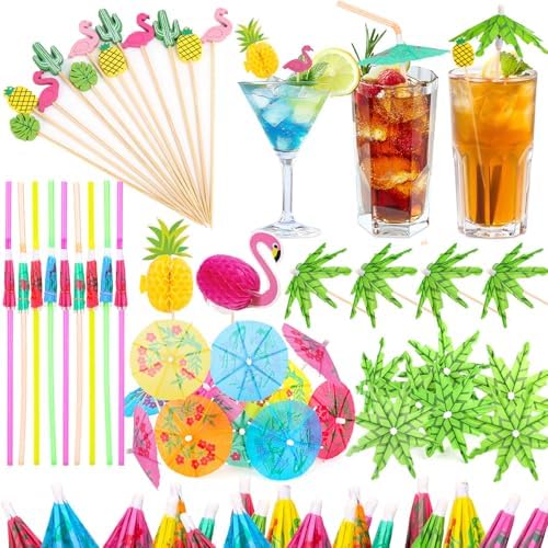 Sombrillas para Bebidas Paxcoo, 180 Piezas de Accesorios para Cócteles Incluye Popotes con Sombrilla, Palillos Decorativos para Fiestas Aloha - imagen 1
