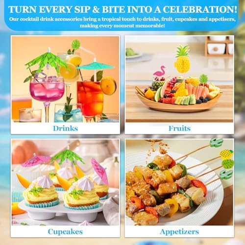 Sombrillas para Bebidas Paxcoo, 180 Piezas de Accesorios para Cócteles Incluye Popotes con Sombrilla, Palillos Decorativos para Fiestas Aloha - imagen 2