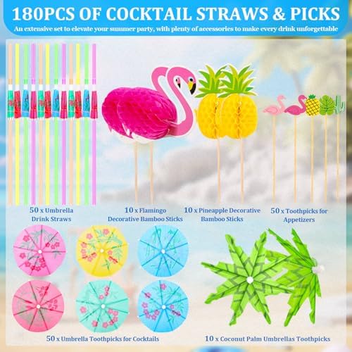 Sombrillas para Bebidas Paxcoo, 180 Piezas de Accesorios para Cócteles Incluye Popotes con Sombrilla, Palillos Decorativos para Fiestas Aloha - imagen 3