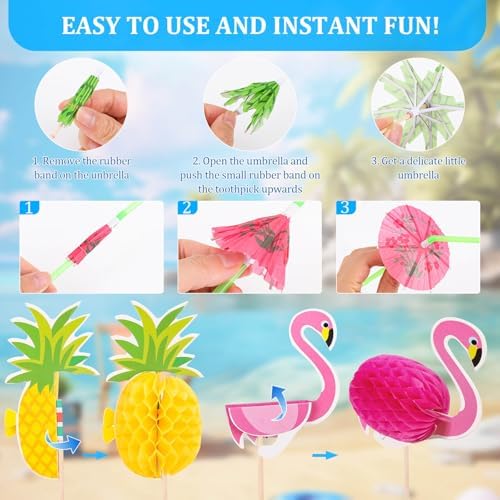 Sombrillas para Bebidas Paxcoo, 180 Piezas de Accesorios para Cócteles Incluye Popotes con Sombrilla, Palillos Decorativos para Fiestas Aloha - imagen 5