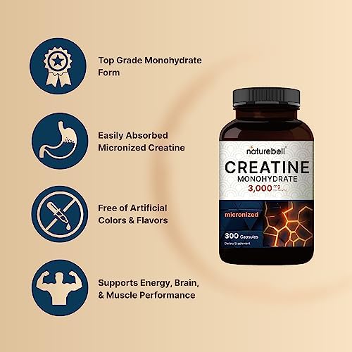 NatureBell Cápsulas de Creatina Monohidratada 3,000mg por Porción, 300 Contenido | Creatina Micronizada, Sin Sabor | Apoyo para Pre-entrenamiento y - imagen 3