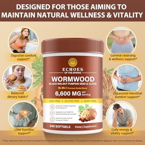 Limpieza de Ajenjo, Nogal Negro y Clavo para Humanos – Fórmula Herbal 18 en 1 para Salud Digestiva, 6600mg por Porción, 240 Softgels, Suministro para - imagen 3