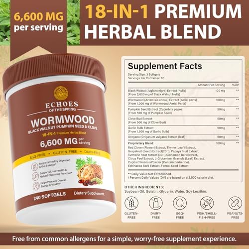 Limpieza de Ajenjo, Nogal Negro y Clavo para Humanos – Fórmula Herbal 18 en 1 para Salud Digestiva, 6600mg por Porción, 240 Softgels, Suministro para - imagen 8