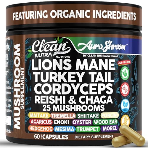 Suplemento de Hongos AuraShroom: Melena de León, Cola de Pavo, Cordyceps, Reishi, Shiitake, Chaga, Ostra - 60 Cápsulas para Estrés y Soporte - imagen 1