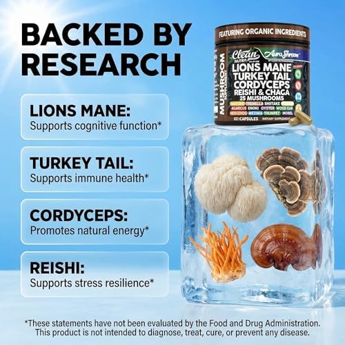 Suplemento de Hongos AuraShroom: Melena de León, Cola de Pavo, Cordyceps, Reishi, Shiitake, Chaga, Ostra - 60 Cápsulas para Estrés y Soporte - imagen 3