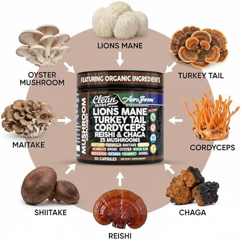 Suplemento de Hongos AuraShroom: Melena de León, Cola de Pavo, Cordyceps, Reishi, Shiitake, Chaga, Ostra - 60 Cápsulas para Estrés y Soporte - imagen 4