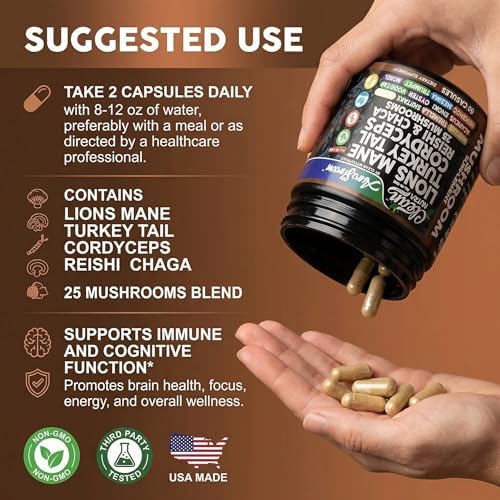 Suplemento de Hongos AuraShroom: Melena de León, Cola de Pavo, Cordyceps, Reishi, Shiitake, Chaga, Ostra - 60 Cápsulas para Estrés y Soporte - imagen 6