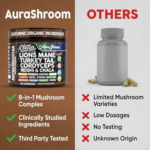 Suplemento de Hongos AuraShroom: Melena de León, Cola de Pavo, Cordyceps, Reishi, Shiitake, Chaga, Ostra - 60 Cápsulas para Estrés y Soporte - imagen 7
