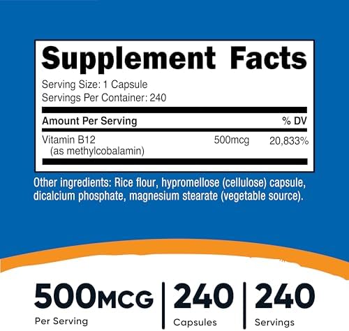 Suplemento de Vitamina B12 Nutricost (500mcg) 240 Cápsulas - Methylcobalamina, Vegano, Sin OGM, Sin Gluten - imagen 2